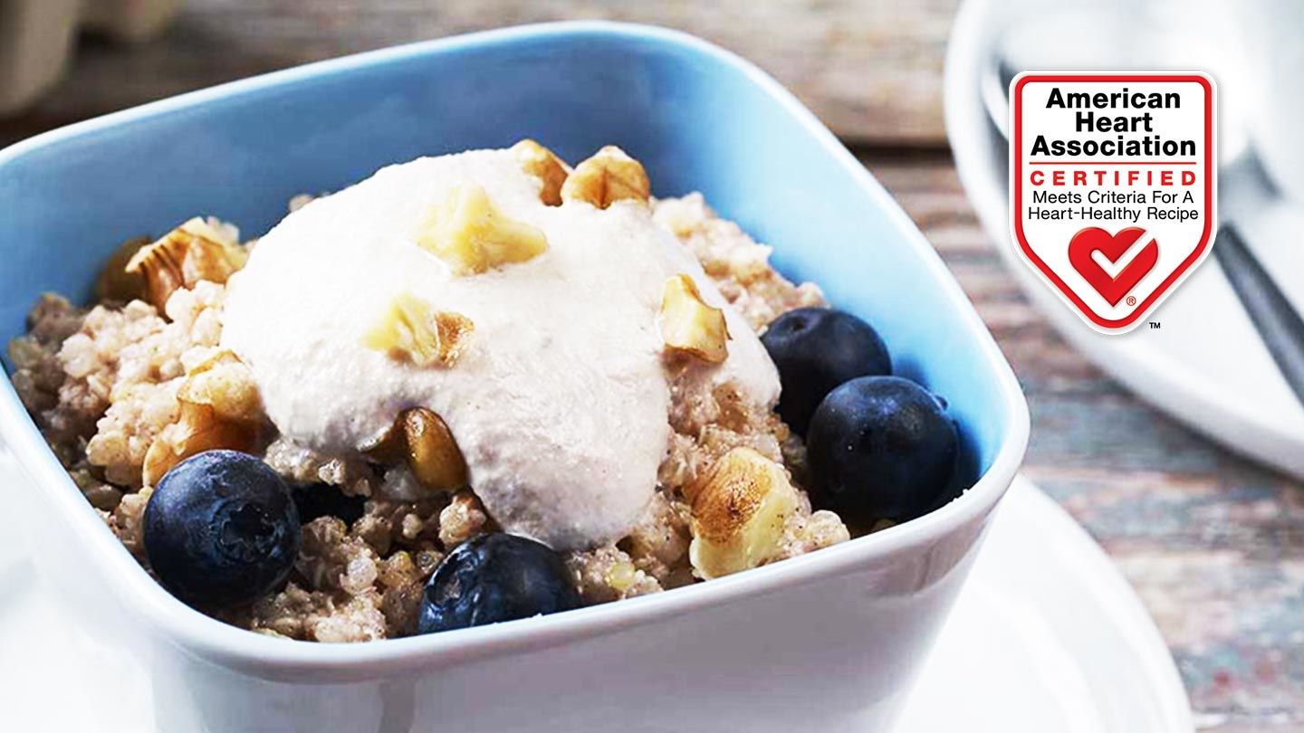 Breakfast Quinoa with Walnut Cream and Blueberries