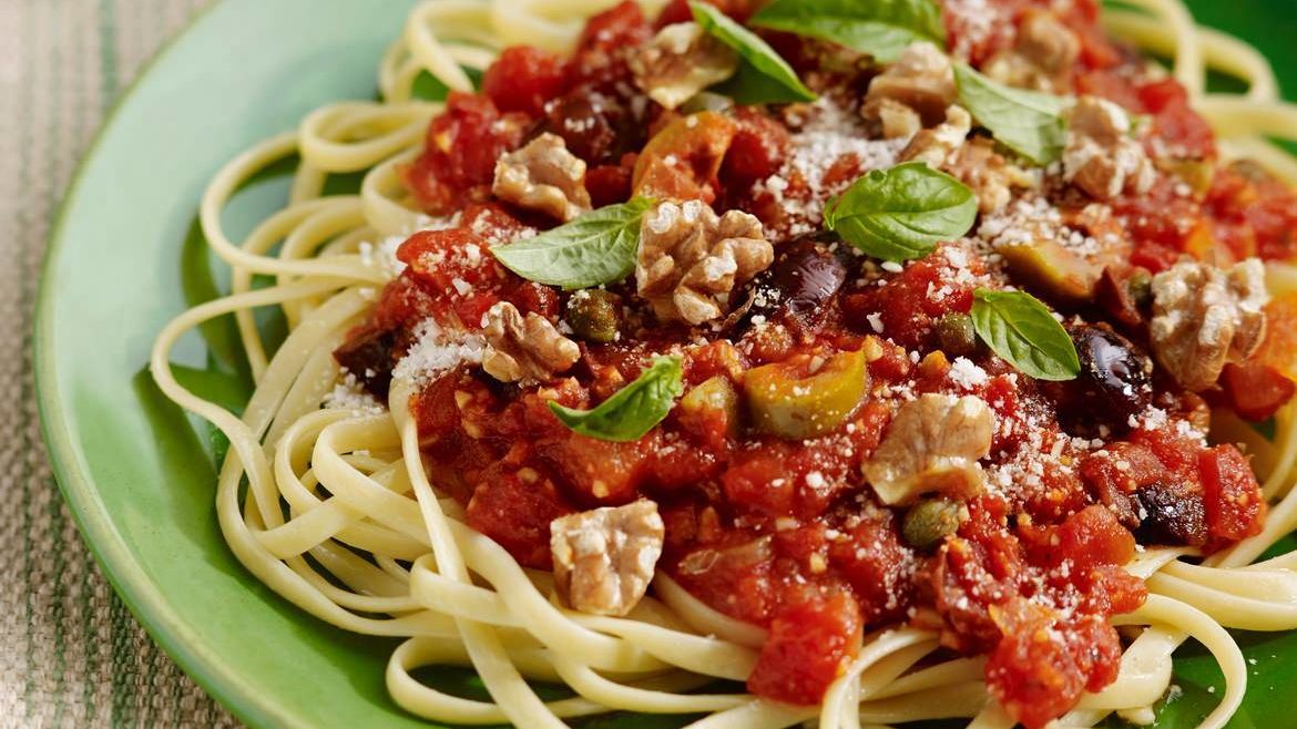 Pasta Puttanesca with Mixed Olives and Walnuts