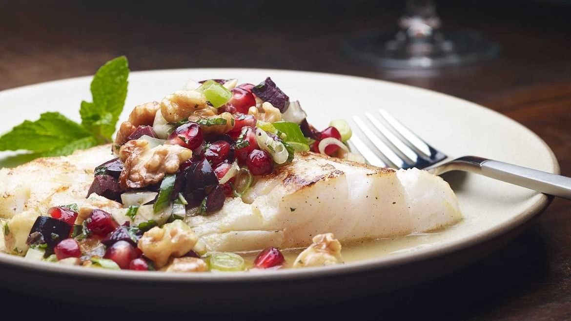 Roasted Orange Citrus Halibut with Walnut-Pomegranate Relish