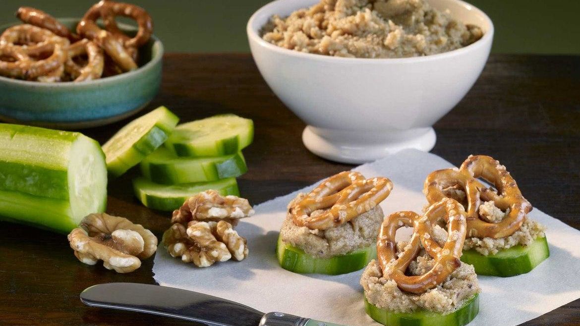 Cucumber-Walnut Butter-Pretzel Buttons