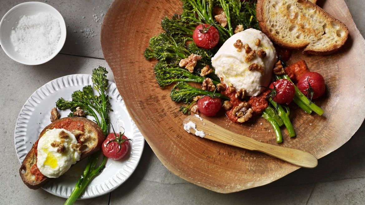 Broccolini with Burrata and Walnut Romesco