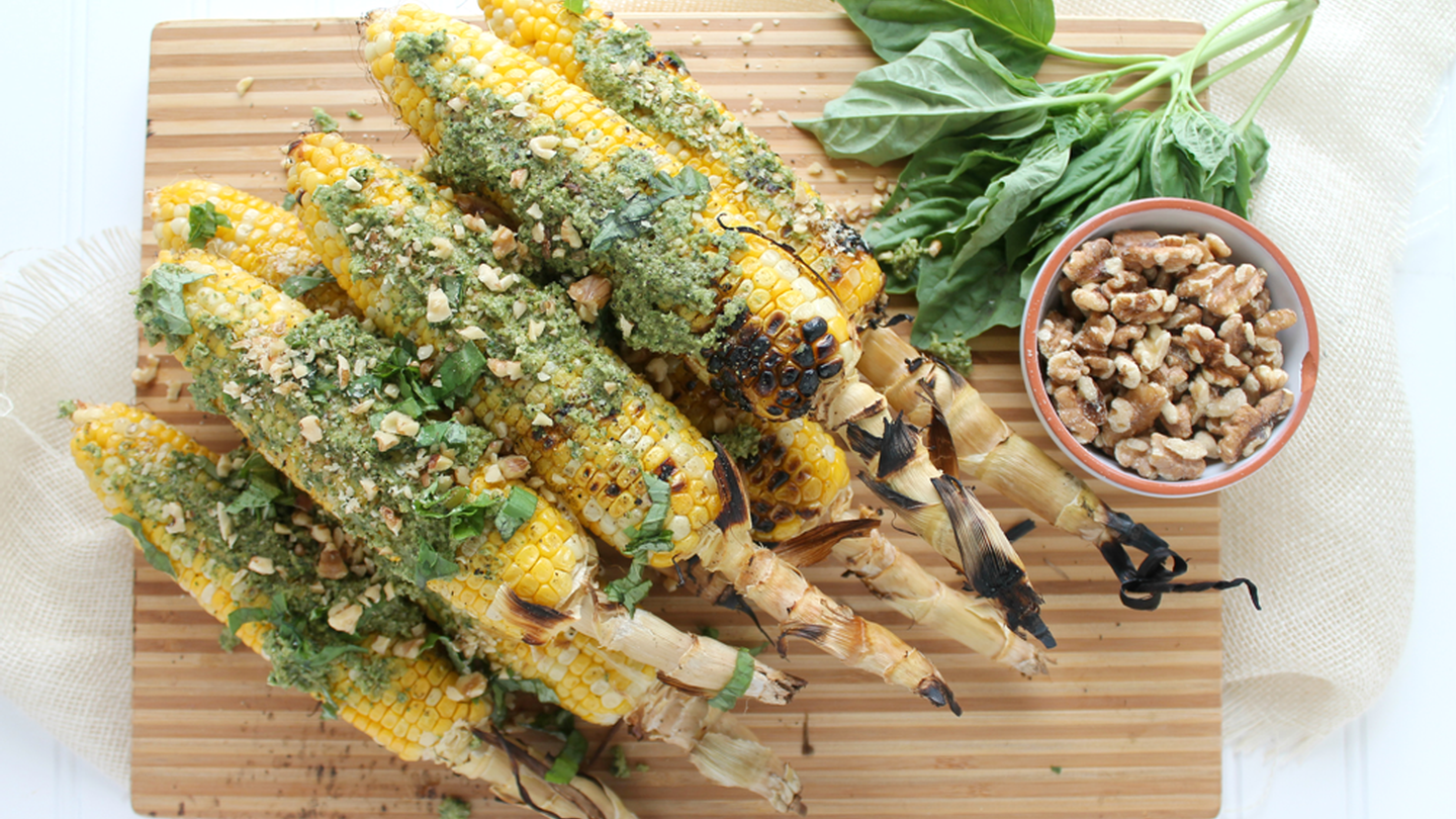 Grilled Corn with Walnut Pesto