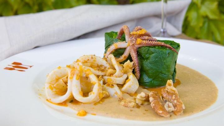 Soused Spinach with Walnut-Lemon Puree and Sauté of Calamari