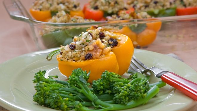 Stuffed Peppers with Bulgur-Walnut Pilaf