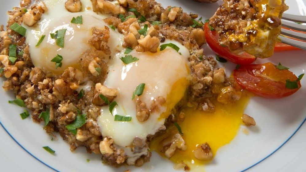 Fried Eggs In a Bed of Toasted Walnut Breadcrumbs