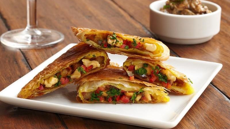Eggplant and Walnut Pies with Charred Onion Mascarpone