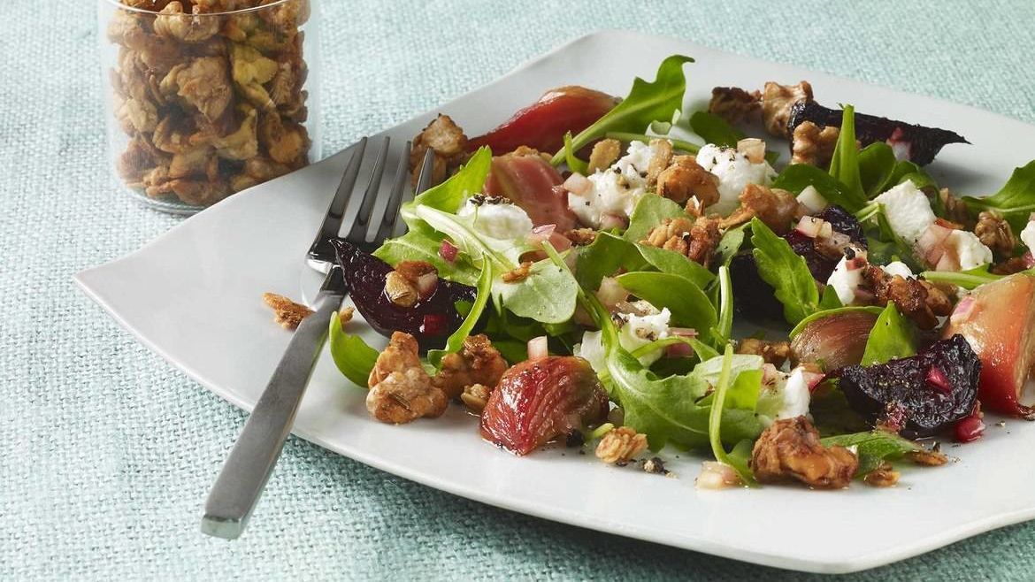 Baby Beet Salad with Chévre and Savory Caraway-Walnut Granola