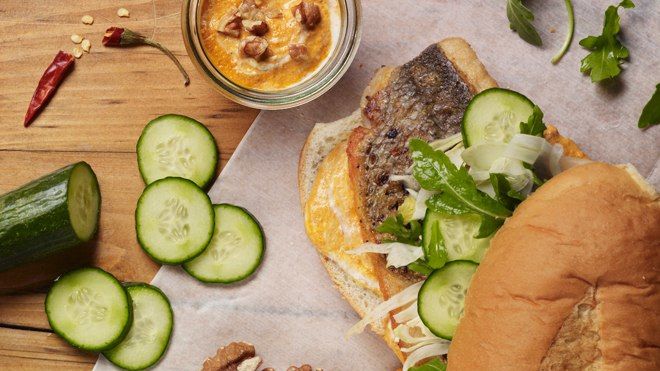 Spanish-Style Striped Bass Sandwich with Walnut Harissa