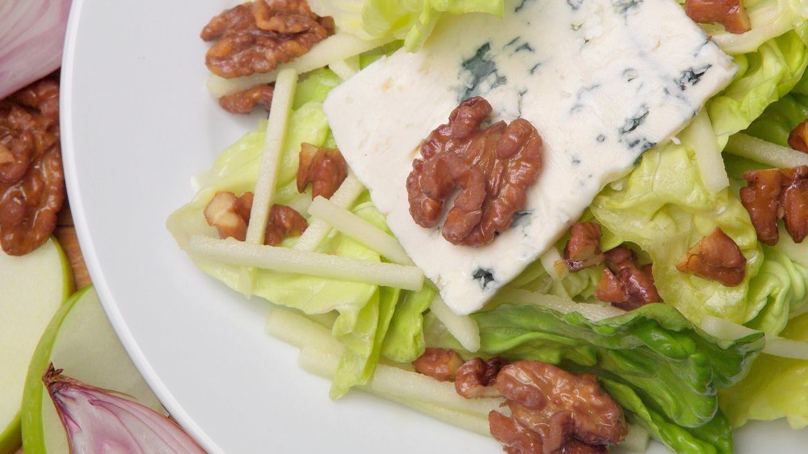 Butter Lettuce Salad with Honey Walnuts, Blue Cheese and Ver Jus Honey Vinaigrette