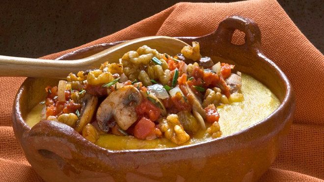 Walnut Rosemary Polenta with Tomato Mushroom Saute