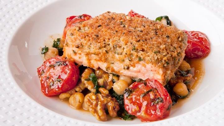 Walnut-Crusted Salmon with Stewed Chickpeas and Kale