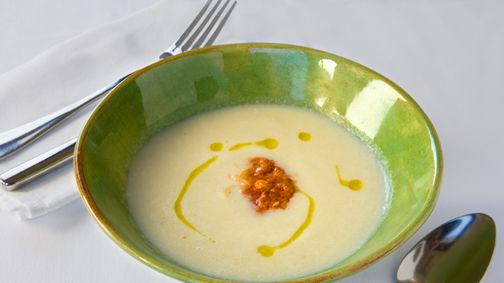 Celery Root Soup with Walnut Pepper Relish