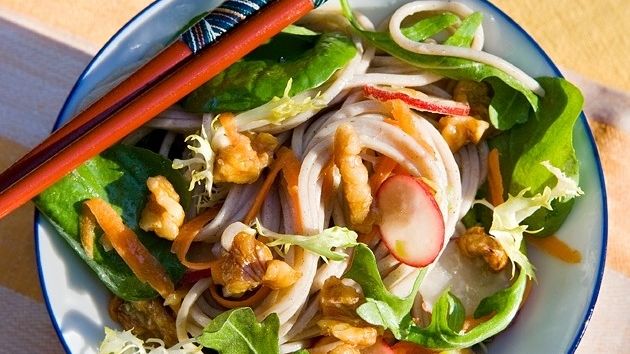 Buckwheat Noodle Salad with Greens and Walnuts