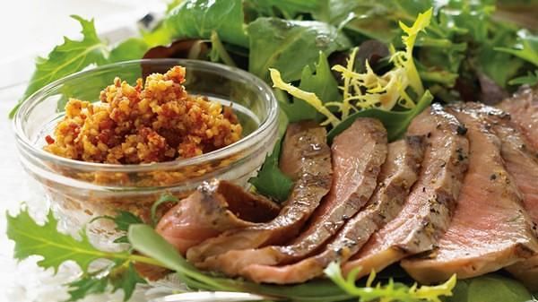 Mixed Greens with Grilled Steak & Walnut Romesco