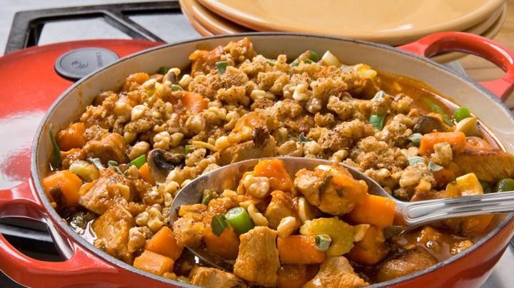 Hearty Pork Stew with Walnut Breadcrumb Topping