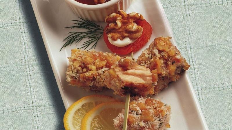 Walnut-Crusted Salmon Bites with Apricot Ginger Dipping Sauce
