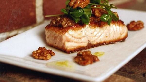 Candied Walnut-Crusted Salmon with Lemon Zest Vinaigrette