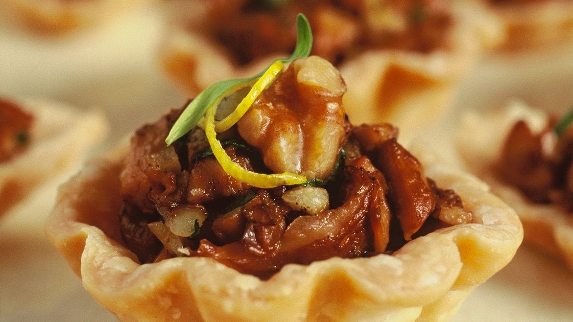 Miniature Chanterelle Mushroom and Walnut Tartlets