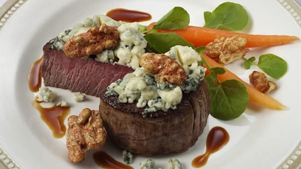 Seared Filet Mignon with Blue Cheese and Sweet & Spicy Walnuts