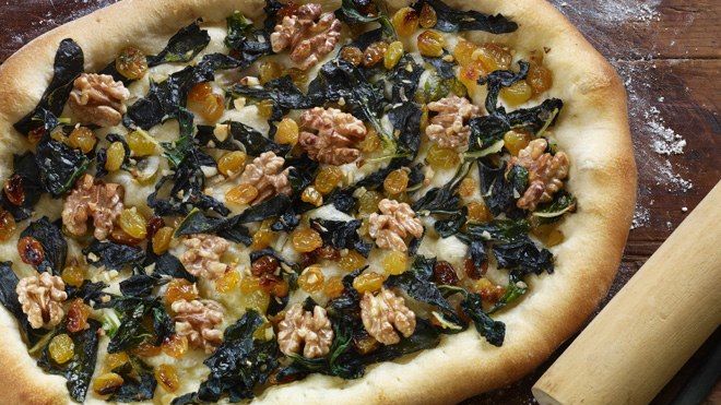 Joanne Weir's Spanish Coca with Wilted Greens, Walnuts and Raisins