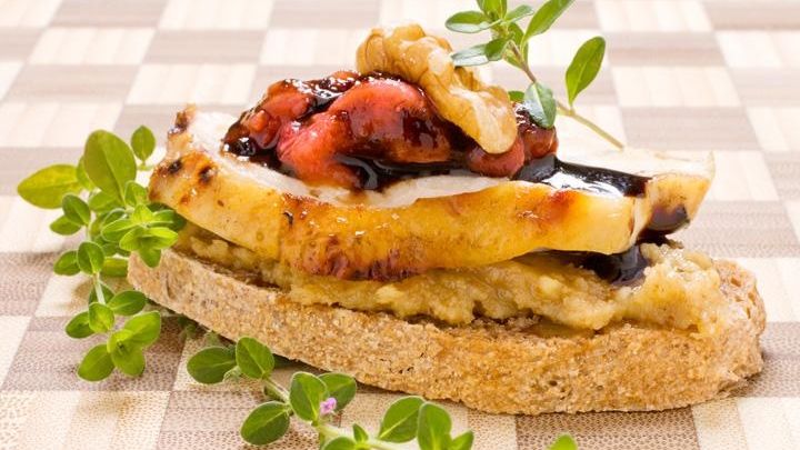 Walnut Butter-Rhubarb-Goat Cheese Crostini