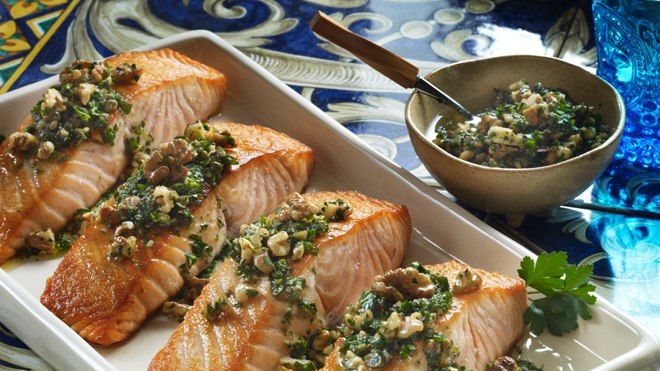 Joanne Weir's Walnut Salsa Verde Over Crispy Salmon