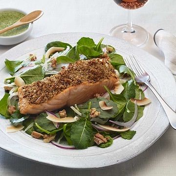 Spinach Salad with Spiced-Walnut Salmon and Cilantro-Mint Dressing Spinach Salad with Spiced-Walnut Salmon and Cilantro-Mint Dressing