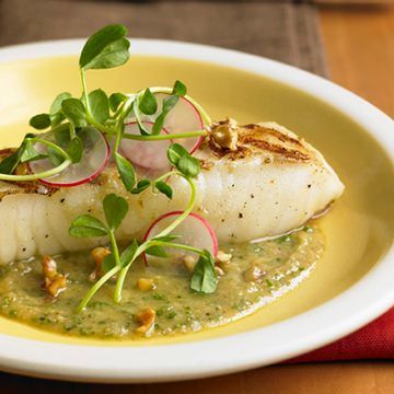 Sea bass with Walnut Puree & Pea Sprout Salad Sea bass with Walnut Puree & Pea Sprout Salad
