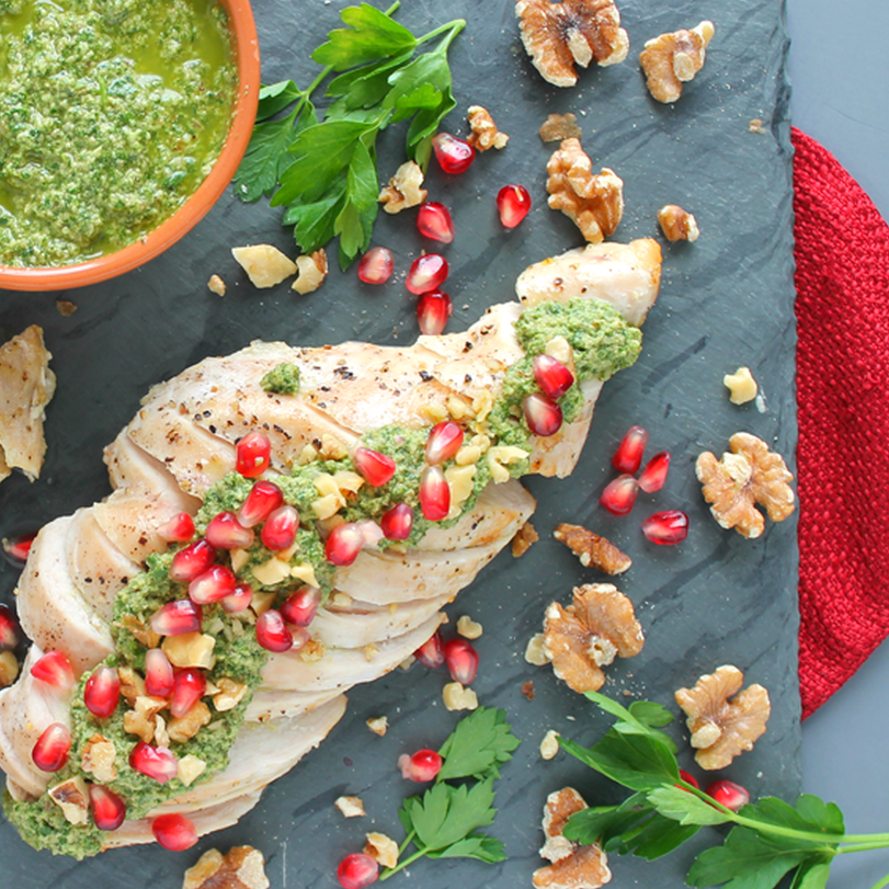 Roasted Chicken Breasts with a Walnut Chimichurri Sauce and Pomegranate Roasted Chicken Breasts with a Walnut Chimichurri Sauce and Pomegranate