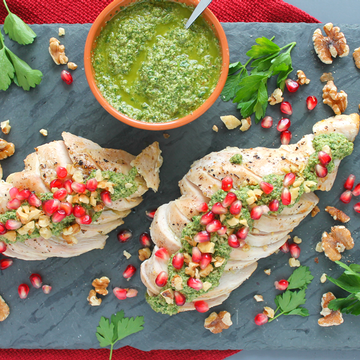 Roasted Chicken Breasts with a Walnut Chimichurri Sauce and Pomegranate Roasted Chicken Breasts with a Walnut Chimichurri Sauce and Pomegranate