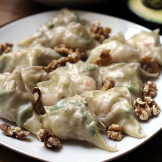 Steamed Shrimp Potstickers with Walnuts and Avocado Steamed Shrimp Potstickers with Walnuts and Avocado