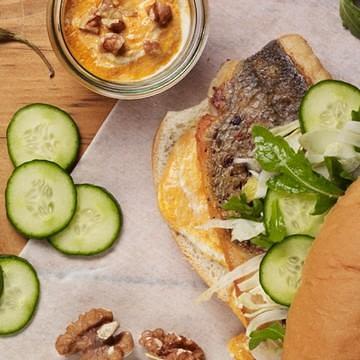 Spanish-Style Striped Bass Sandwich with Walnut Harissa Spanish-Style Striped Bass Sandwich with Walnut Harissa
