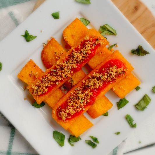Dukkah with Walnuts and Italian Herbs Over Polenta Fries Dukkah with Walnuts and Italian Herbs Over Polenta Fries