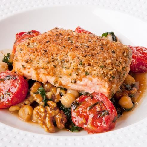 Walnut-Crusted Salmon with Stewed Chickpeas and Kale Walnut-Crusted Salmon with Stewed Chickpeas and Kale
