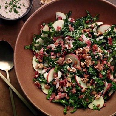 Kale, Apple, Pancetta, and Walnut Salad with Creamy Walnut Dressing Kale, Apple, Pancetta, and Walnut Salad with Creamy Walnut Dressing