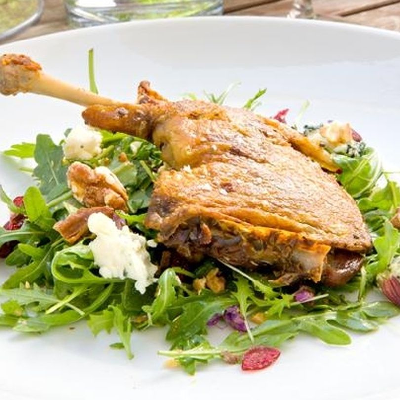 Duck Confit Salad with Arugula, Dried Cherries, Blue Cheese, and Toasted Walnut Vinaigrette Duck Confit Salad with Arugula, Dried Cherries, Blue Cheese, and Toasted Walnut Vinaigrette