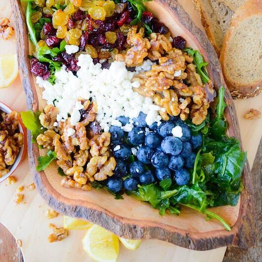 Lemon Arugula Salad with Maple Candied Walnuts, Feta Cheese & Blueberries Lemon Arugula Salad with Maple Candied Walnuts, Feta Cheese & Blueberries