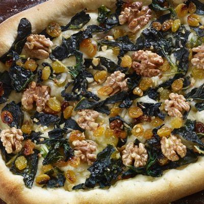 Joanne Weir's Spanish Coca with Wilted Greens, Walnuts and Raisins Joanne Weir's Spanish Coca with Wilted Greens, Walnuts and Raisins