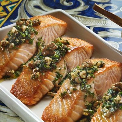 Joanne Weir's Walnut Salsa Verde Over Crispy Salmon Joanne Weir's Walnut Salsa Verde Over Crispy Salmon