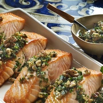 Walnut Salsa Verde Over Crispy Salmon Walnut Salsa Verde Over Crispy Salmon