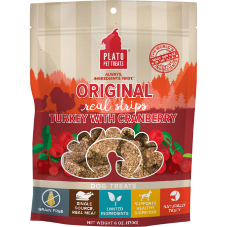 Plato Pet Treats Real Strips Turkey With Cranberry Meat Bar Dog Treats – 6 oz.