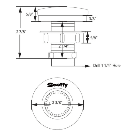 Scotty Rod Holder Optional Mounts - Compact Threaded Deck Mount - Drilling Dimensions