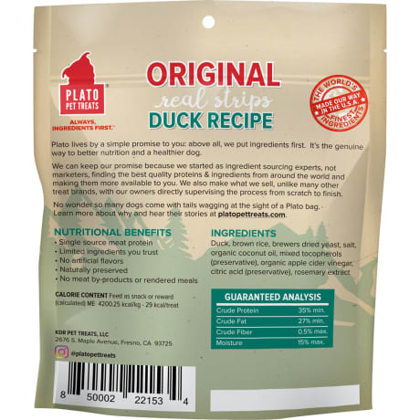Plato Pet Treats Real Strips Duck Meat Bar Dog Treats – 6 oz.