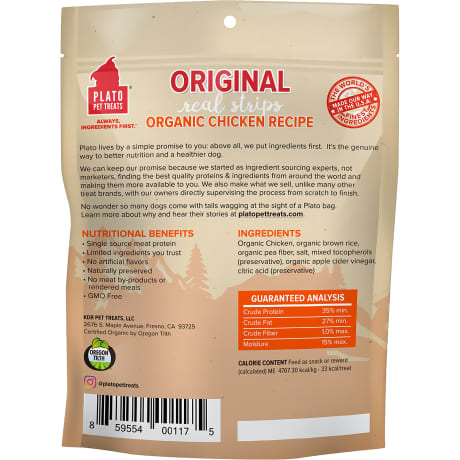 Plato Pet Treats Real Strips Organic Chicken Meat Bar Dog Treats – 6 oz.