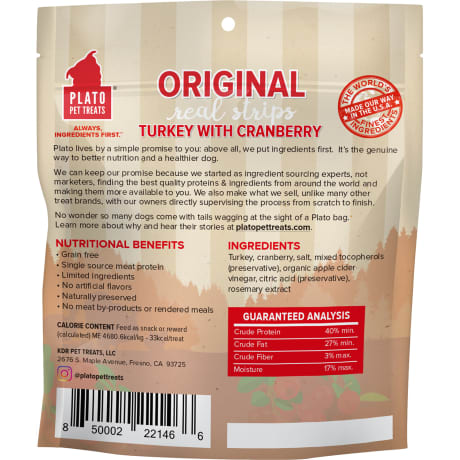 Plato Pet Treats Real Strips Turkey With Cranberry Meat Bar Dog Treats – 6 oz.