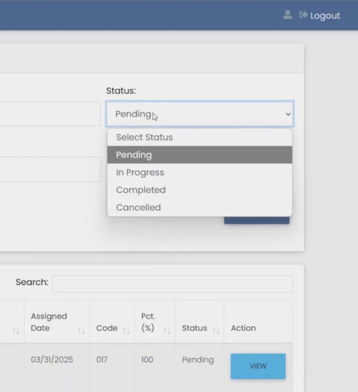 A screenshot of the Work Order Tracking module showing a dropdown menu of statuses