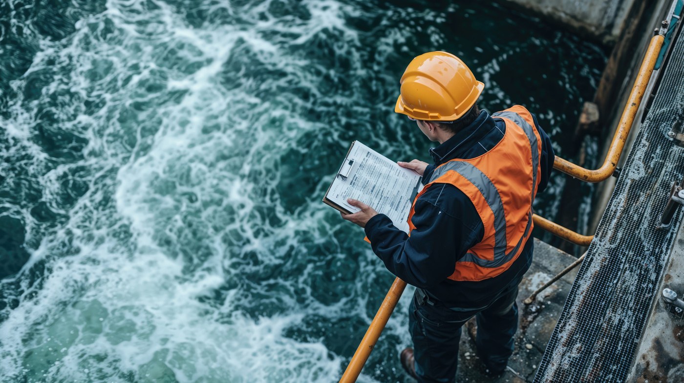 Worker glancing at clipboard while overseeing a water treatment plant