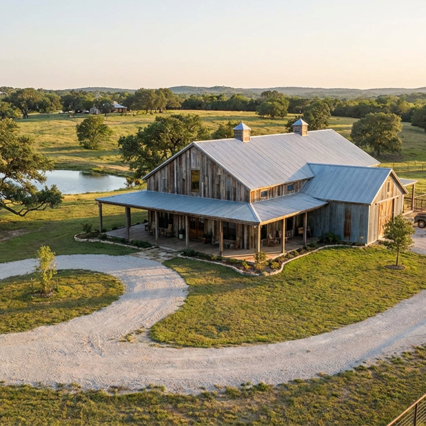 Aerial view of a rustic barndominium with metal roofs beside a pond on sprawling ranch land at sunset.