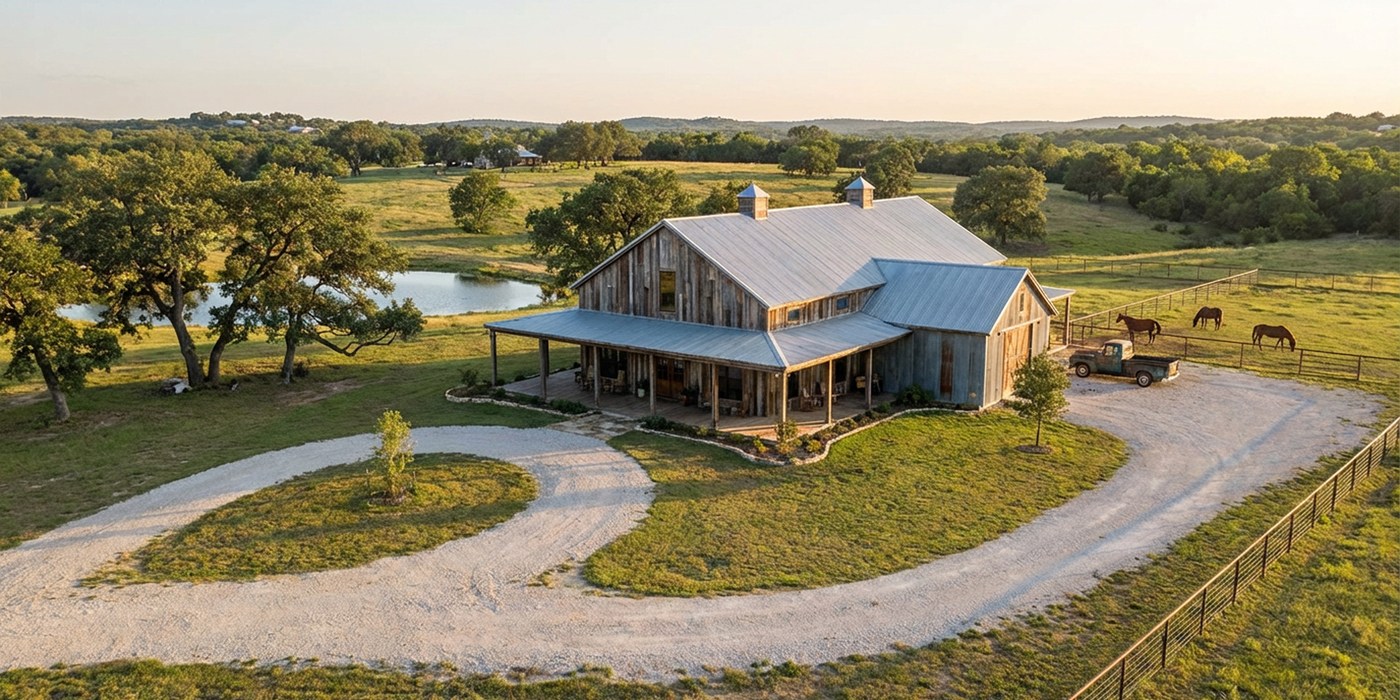 Pale wood house on a farm with horses and a pond