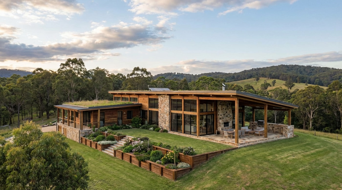 Modern flat roof house with grass growing on it